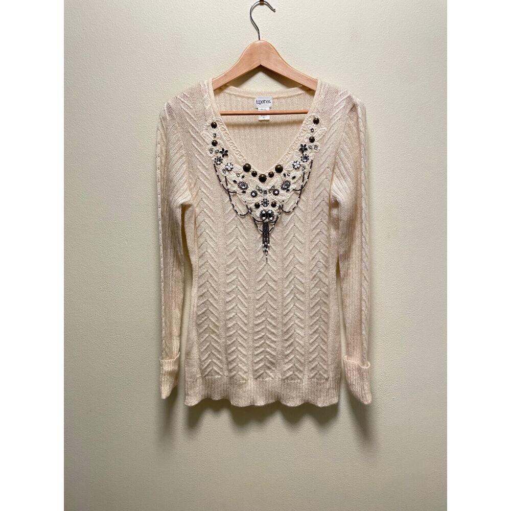 Vintage Together Womens Sweater Large Cream Mohair Blend Beaded Open Knit Fairy